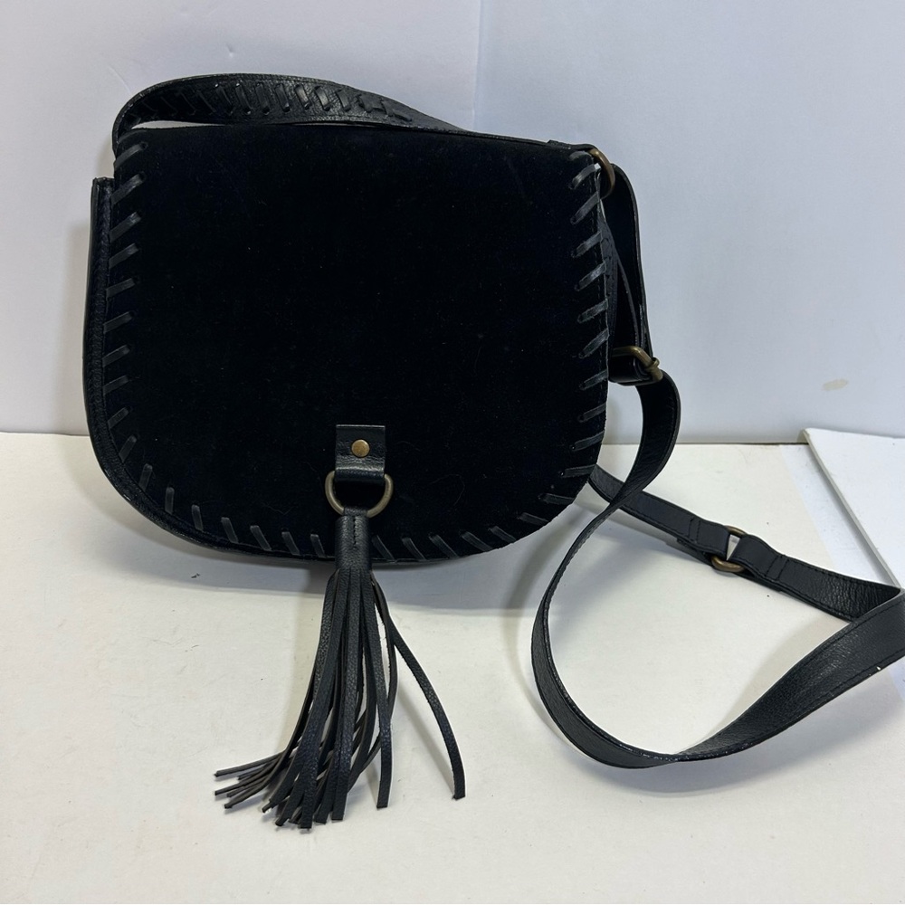 Noonday Collection Black Leather Crossbody Saddle Bag Western Boho Tassel